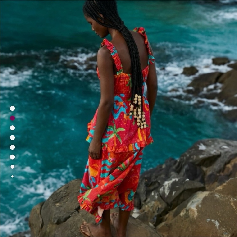 FARM Rio Red and Orange Ruffled Tiered Sundress